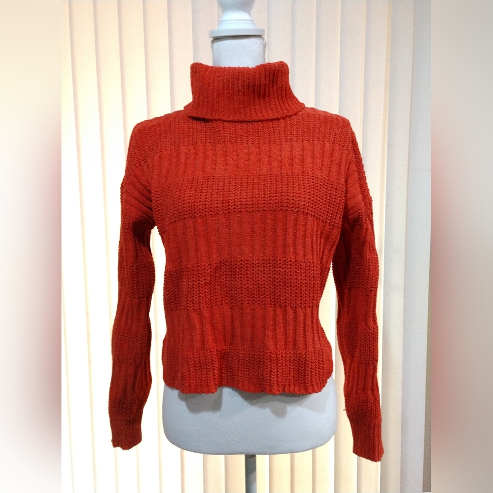 Poof Chenille Sweater CROP CROPPED Orange Turtleneck Size Large Chest 38"